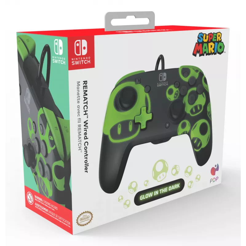 Gamepad PDP REMATCH Mando con cable 1-Up Glow in the Dark para Nintendo Switch, USB, cable de 3 m, D-pad, botón Home, Negro/Verde