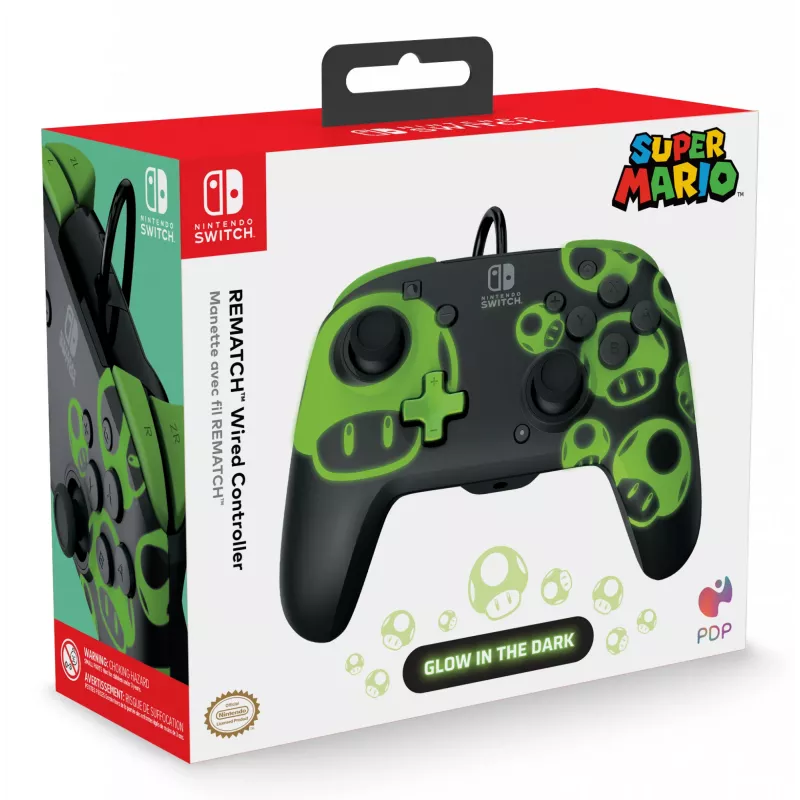 Gamepad PDP REMATCH Mando con cable 1-Up Glow in the Dark para Nintendo Switch, USB, cable de 3 m, D-pad, botón Home, Negro/Verde