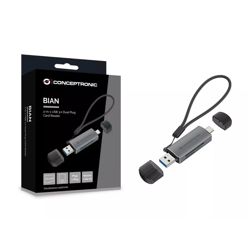Conceptronic BIAN05G Lector de tarjetas 2en1 USB 3.0 Dual Plug, SD/MicroSD 3.0, UHS-I