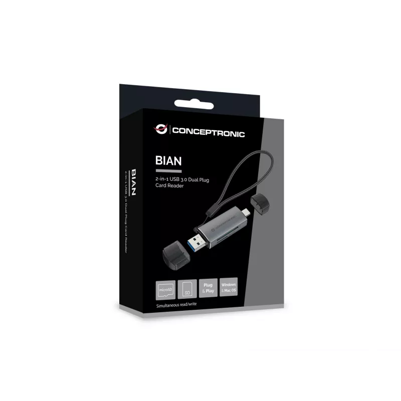 Conceptronic BIAN05G Lector de tarjetas 2en1 USB 3.0 Dual Plug, SD/MicroSD 3.0, UHS-I