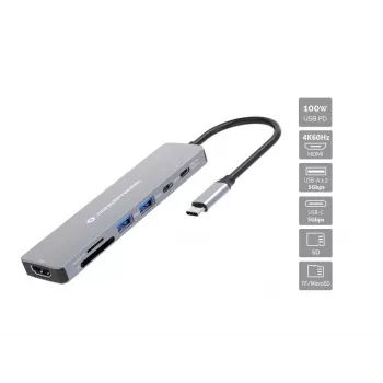 Conceptronic DONN28G docking station USB 3.2 Gen 1 de 7 en 1, 4K60Hz HDMI, USB-A 5Gbps x 2, USB-C 5Gbps, SD, TF/MicroSD, 100W USB PD