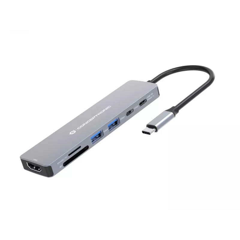 Conceptronic DONN28G docking station USB 3.2 Gen 1 de 7 en 1, 4K60Hz HDMI, USB-A 5Gbps x 2, USB-C 5Gbps, SD, TF/MicroSD, 100W USB PD