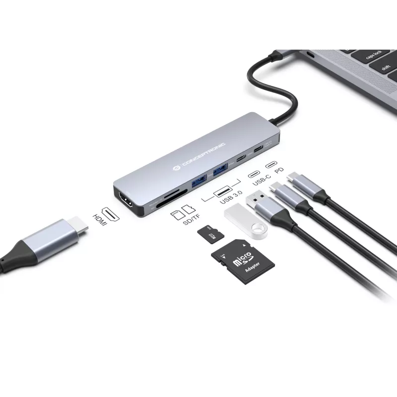 Conceptronic DONN28G docking station USB 3.2 Gen 1 de 7 en 1, 4K60Hz HDMI, USB-A 5Gbps x 2, USB-C 5Gbps, SD, TF/MicroSD, 100W USB PD