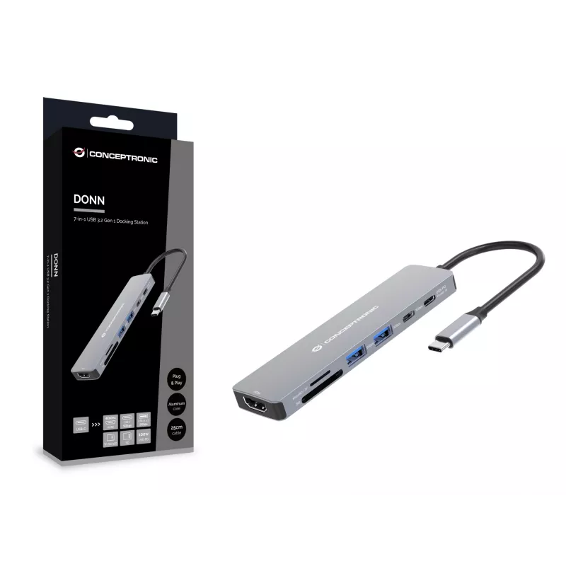 Conceptronic DONN28G docking station USB 3.2 Gen 1 de 7 en 1, 4K60Hz HDMI, USB-A 5Gbps x 2, USB-C 5Gbps, SD, TF/MicroSD, 100W USB PD