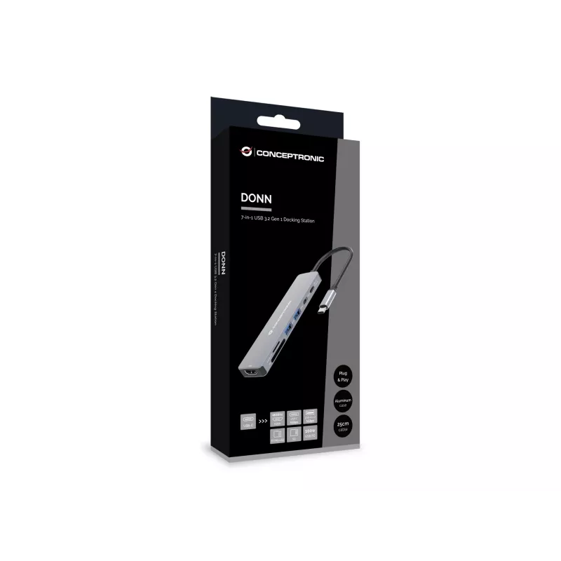 Conceptronic DONN28G docking station USB 3.2 Gen 1 de 7 en 1, 4K60Hz HDMI, USB-A 5Gbps x 2, USB-C 5Gbps, SD, TF/MicroSD, 100W USB PD
