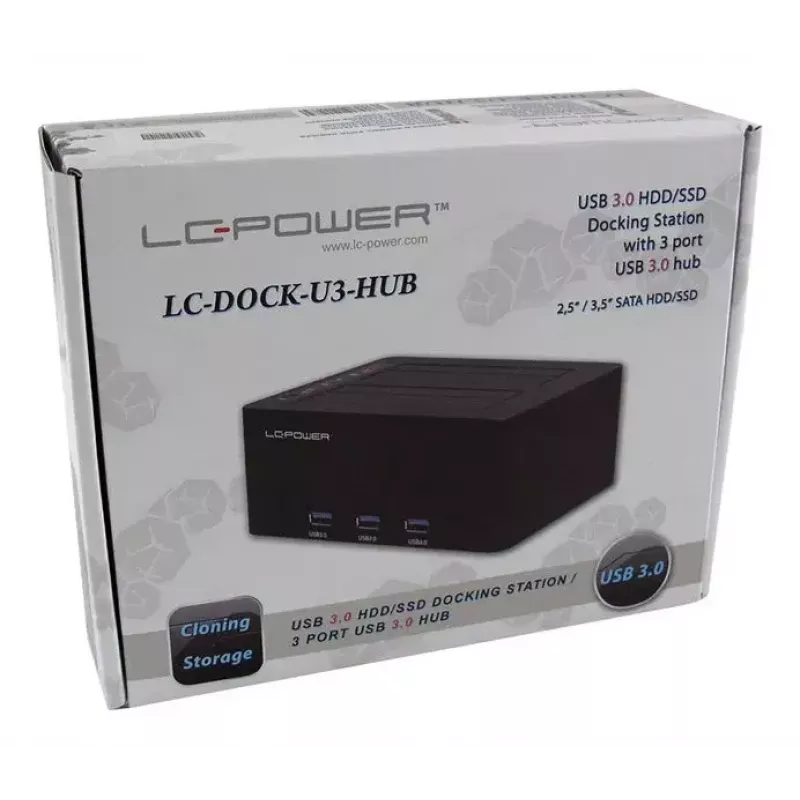 LC Power LC-DOCK-U3-HUB - docking station HDD con indicador de red, hub USB de 3 puertos, interruptor de encendido/apagado, función de clonación bahías: 2 - 2.5 / 3.5 compartidas