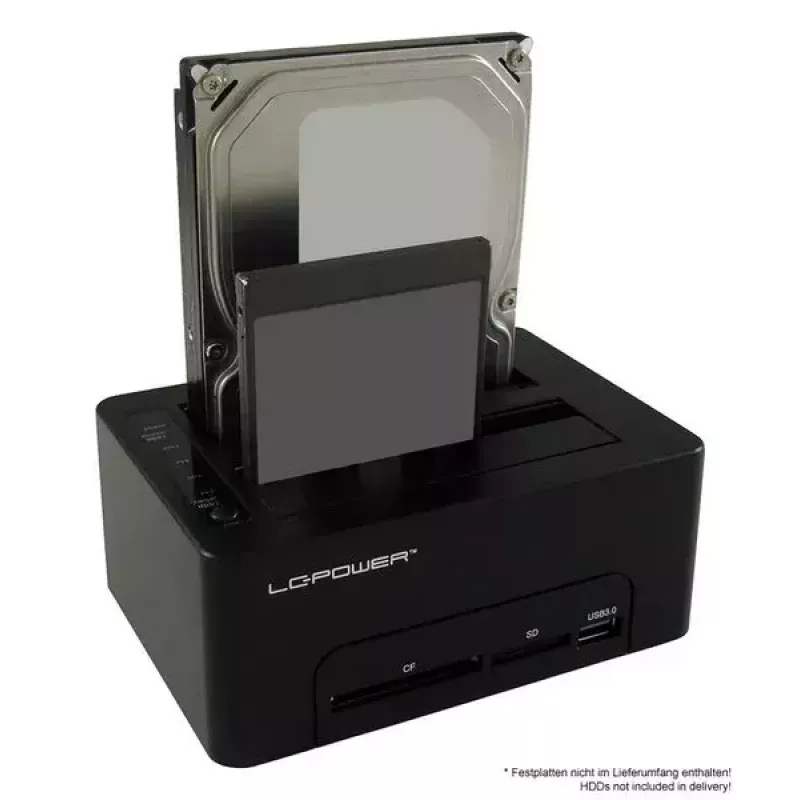 LC Power LC-DOCK-U3-CR - docking station HDD con indicador de red, interruptor de encendido/apagado, función de clonación bahías: 2 - 2.5 / 3.5 compartidas (6,4 cm/8,9 cm