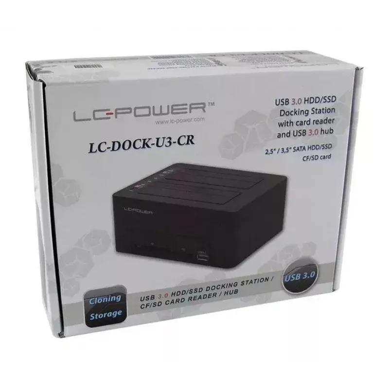 LC Power LC-DOCK-U3-CR - docking station HDD con indicador de red, interruptor de encendido/apagado, función de clonación bahías: 2 - 2.5 / 3.5 compartidas (6,4 cm/8,9 cm