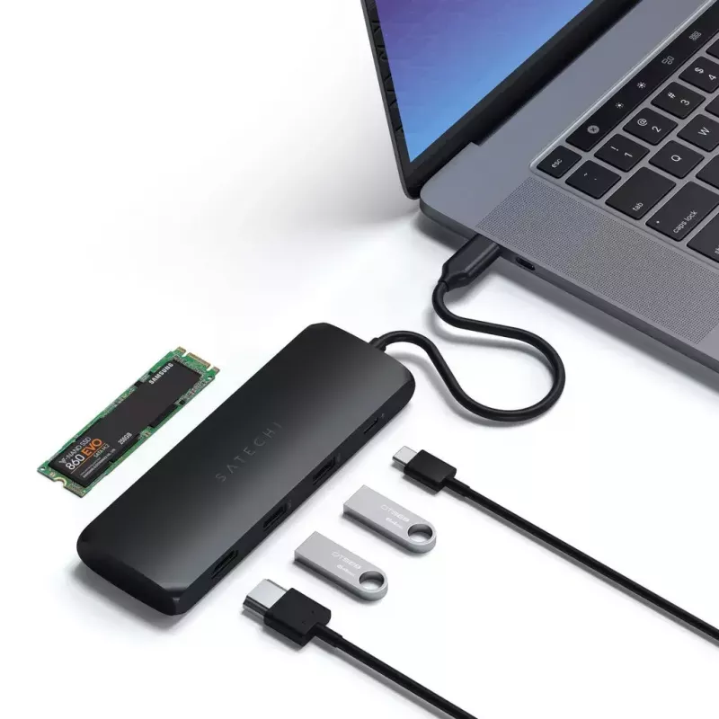 Satechi ST-UCHSEK adaptador multipuerto híbrido USB-C con carcasa para SSD, HDMI, negro