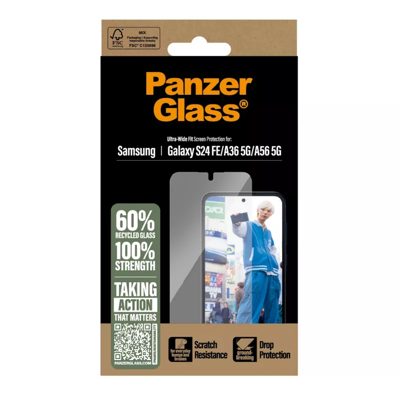 Protector de pantalla de cristal templado PanzerGlass para Samsung Galaxy S24 FE / A36 / A56 — protección total, resistente a arañazos y golpes