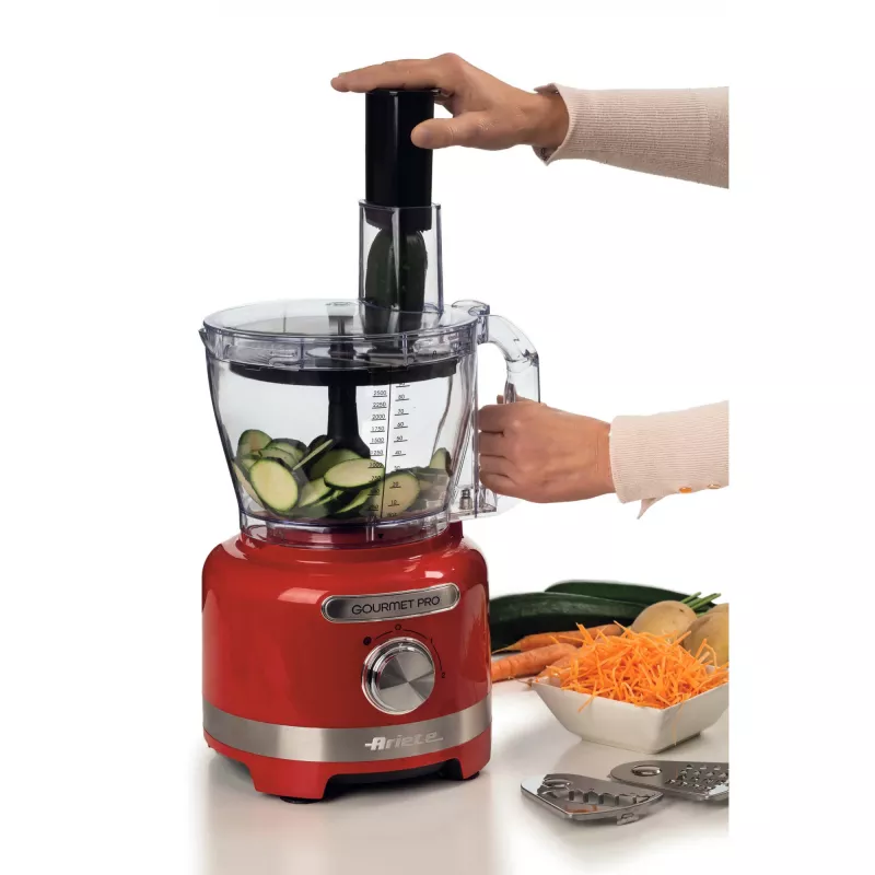 Robot de cocina Ariete 1782 Gourmet Pro Moderna, 3L Multi-Mill, batidora de 2L, 2 velocidades + Pulse, set de cuchillas + disco de acero inoxidable, accesorio exprimidor, rojo