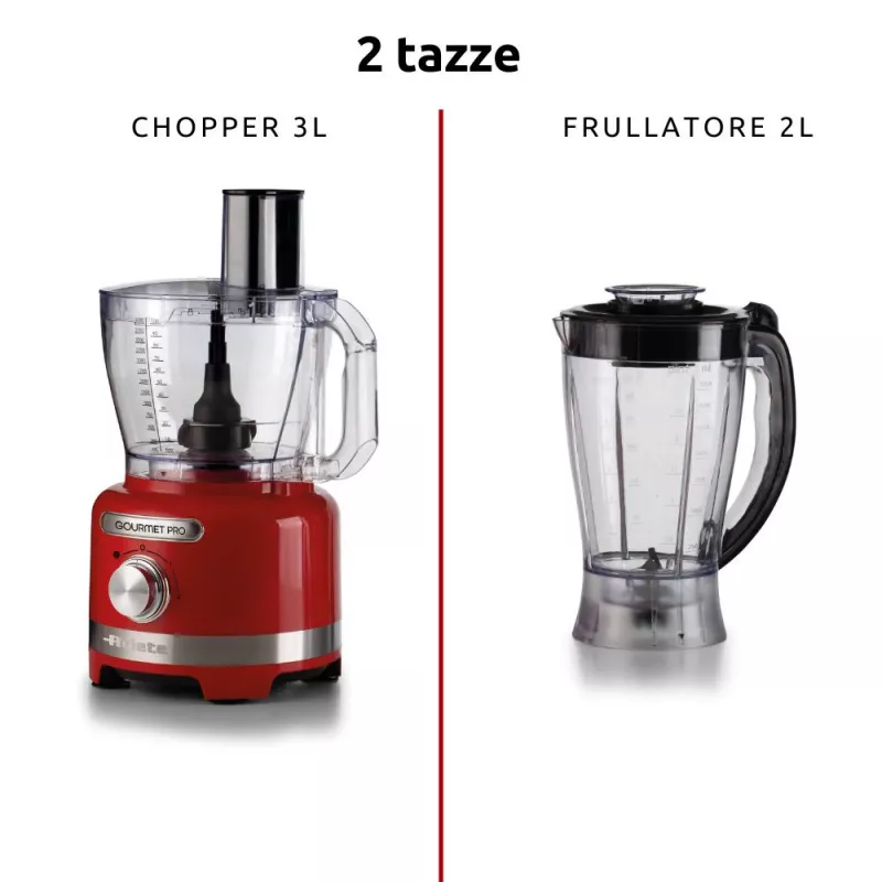 Robot de cocina Ariete 1782 Gourmet Pro Moderna, 3L Multi-Mill, batidora de 2L, 2 velocidades + Pulse, set de cuchillas + disco de acero inoxidable, accesorio exprimidor, rojo
