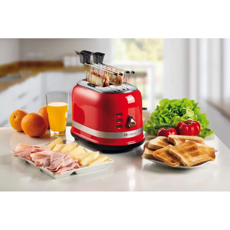 Tostadora Ariete 149 con pinza para 2 rebanadas de pan - expulsión automática - descongelar - 6 niveles de tostado - 800 vatios - Modern Line - roja