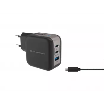 Cargador Conceptronic 3 puertos 67W GaN USB PD con cable de carga USB-C, USB-C x 2, USB-A x 1, QC 3.0, PPS