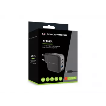 Cargador Conceptronic 3 puertos 67W GaN USB PD con cable de carga USB-C, USB-C x 2, USB-A x 1, QC 3.0, PPS