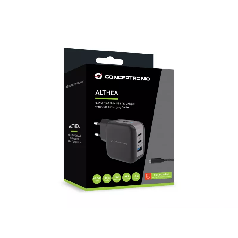 Cargador Conceptronic 3 puertos 67W GaN USB PD con cable de carga USB-C, USB-C x 2, USB-A x 1, QC 3.0, PPS