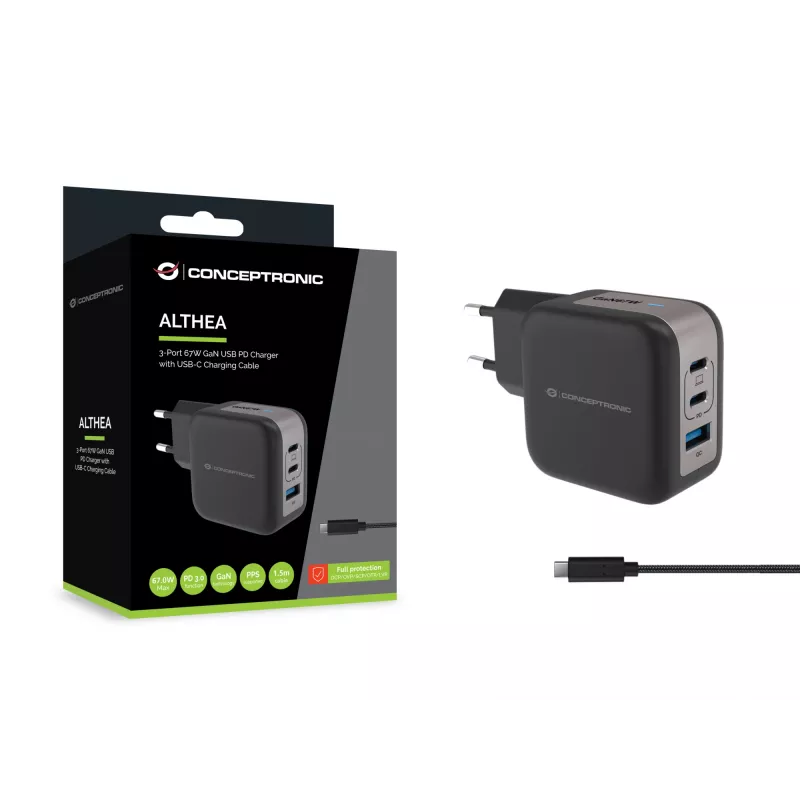 Cargador Conceptronic 3 puertos 67W GaN USB PD con cable de carga USB-C, USB-C x 2, USB-A x 1, QC 3.0, PPS