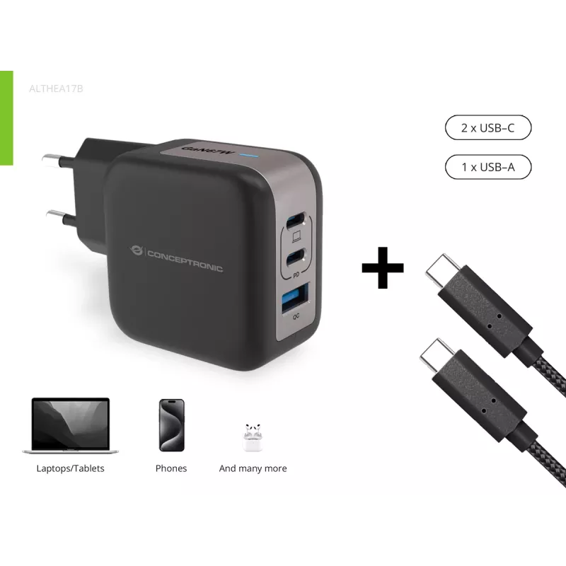 Cargador Conceptronic 3 puertos 67W GaN USB PD con cable de carga USB-C, USB-C x 2, USB-A x 1, QC 3.0, PPS