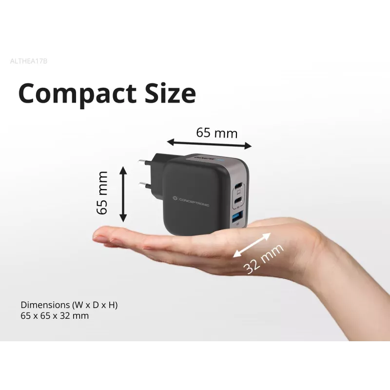 Cargador Conceptronic 3 puertos 67W GaN USB PD con cable de carga USB-C, USB-C x 2, USB-A x 1, QC 3.0, PPS