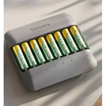 Cargador de batería Varta Eco Charger Multi — USB, NiMH AA/AAA, carga hasta 8 pilas (2100 mAh, 1 h), gris
