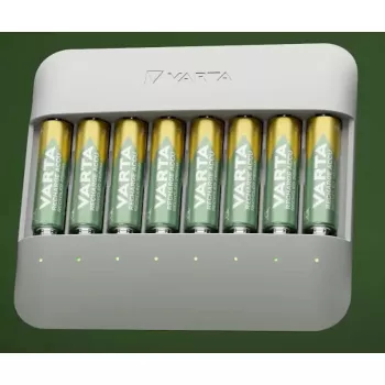 Cargador de batería Varta Eco Charger Multi — USB, NiMH AA/AAA, carga hasta 8 pilas (2100 mAh, 1 h), gris