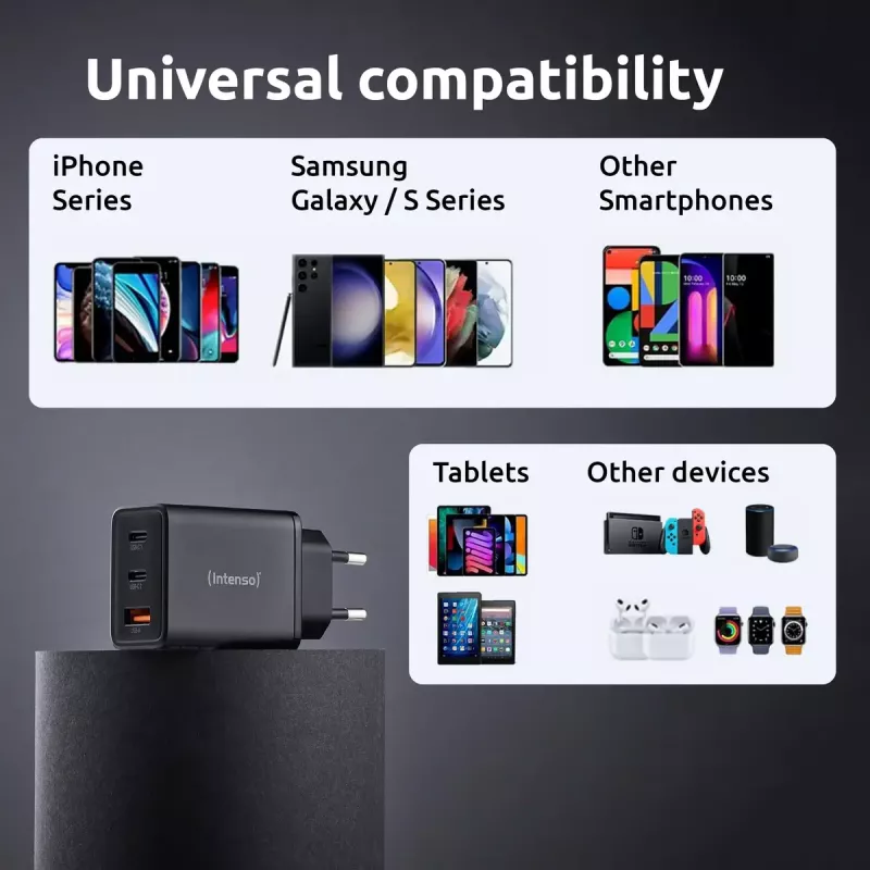 Fuente de alimentación Intenso W65ACC con conectores USB-A y USB-C negra