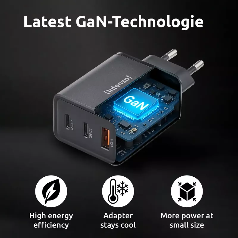 Fuente de alimentación Intenso W65ACC con conectores USB-A y USB-C negra