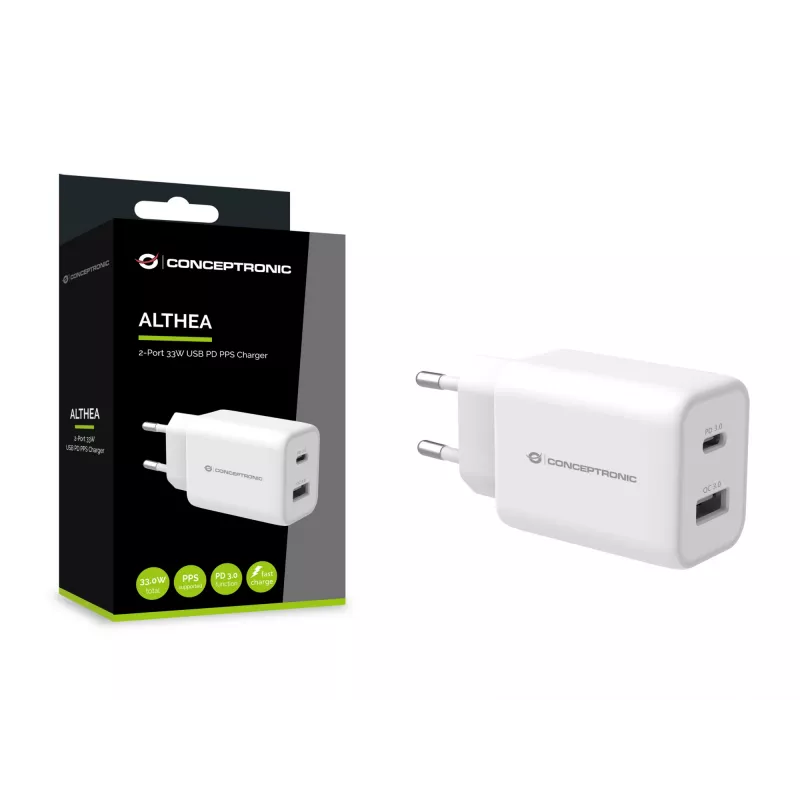 Cargador Conceptronic ALTHEA 2 puertos 33W USB PD PPS, QC 3.0