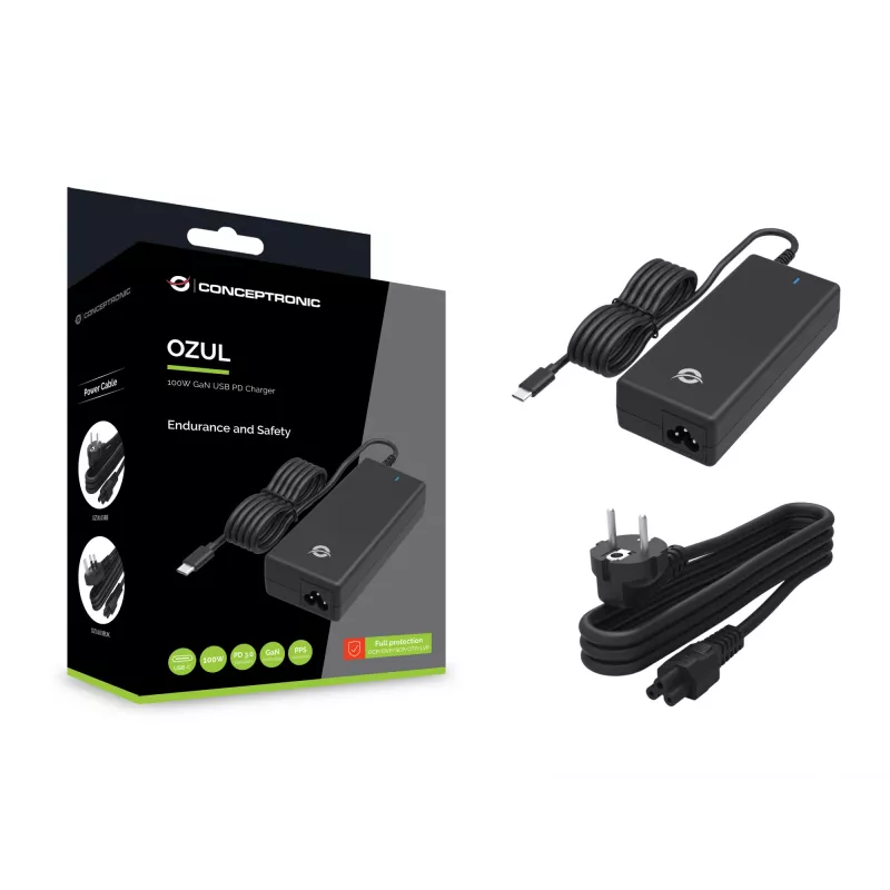 Cargador de sobremesa USB PD GaN Conceptronic OZUL03BE 100W, universal, de interior, 100–240 V, 50–60 Hz, 100 W, 5–20 V