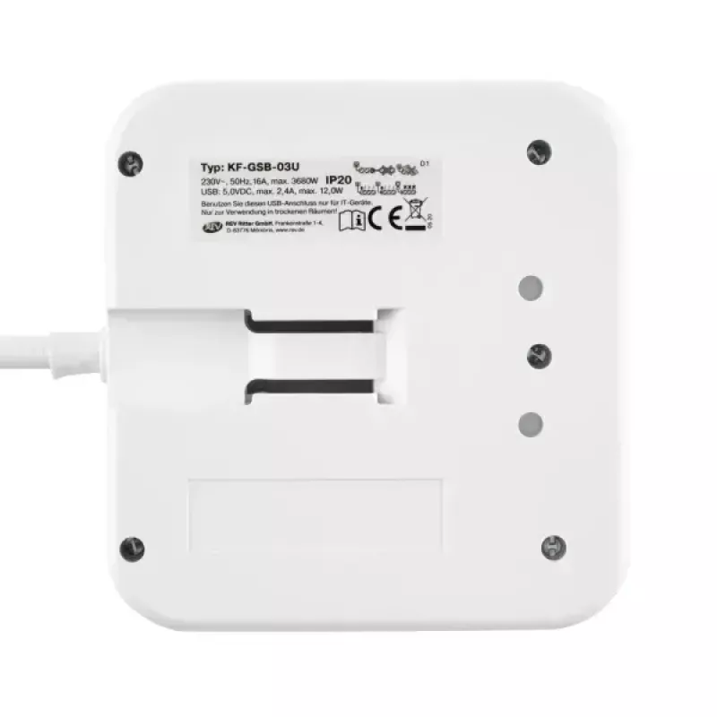 REV PowerQuad 0012378109 regleta, 3 tomas, 2x USB, sin interruptor, con toma de tierra (Schuko), blanca/negra