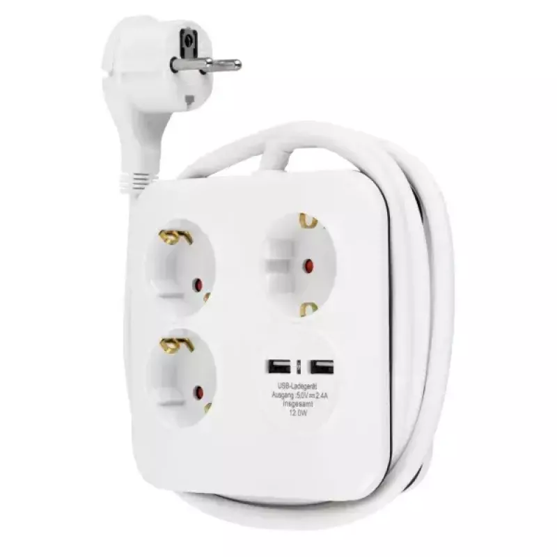 REV PowerQuad 0012378109 regleta, 3 tomas, 2x USB, sin interruptor, con toma de tierra (Schuko), blanca/negra