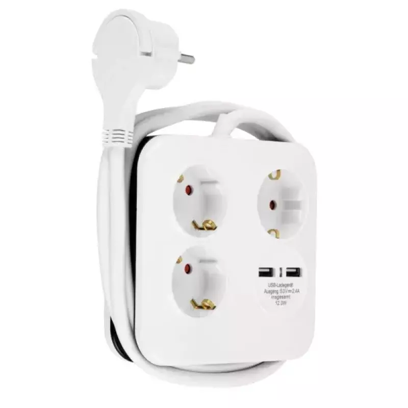 REV PowerQuad 0012378109 regleta, 3 tomas, 2x USB, sin interruptor, con toma de tierra (Schuko), blanca/negra