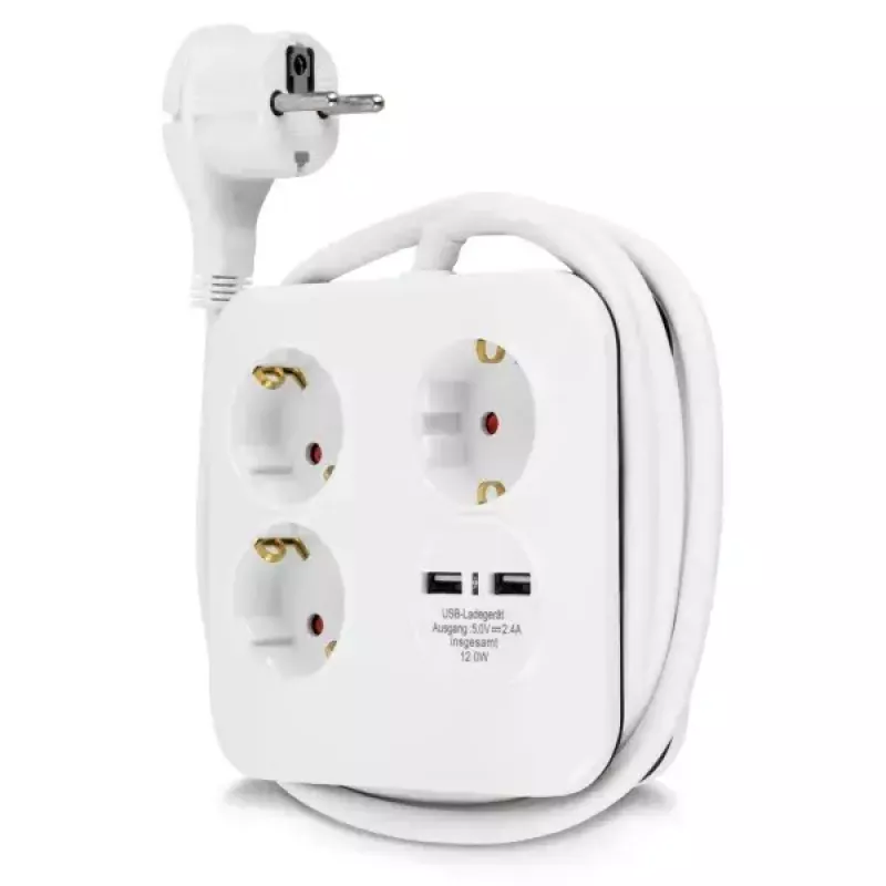REV PowerQuad 0012378109 regleta, 3 tomas, 2x USB, sin interruptor, con toma de tierra (Schuko), blanca/negra
