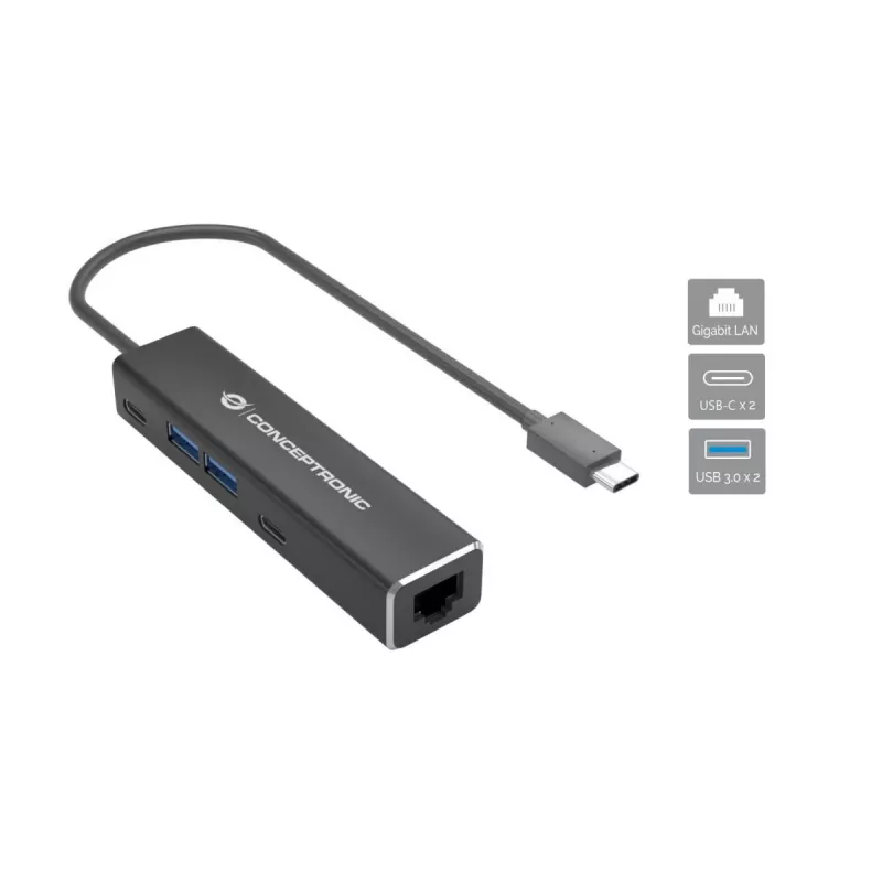 Adaptador Conceptronic ABBY13B Gigabit Ethernet USB 3.2 Gen 1 con hub USB, GbE, USB-A x 2, USB-C x 2