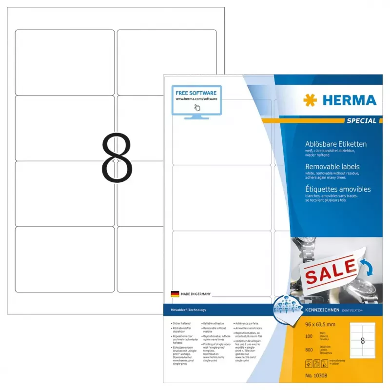 Etiquetas removibles HERMA 10308 A4 96x63,5 mm blancas