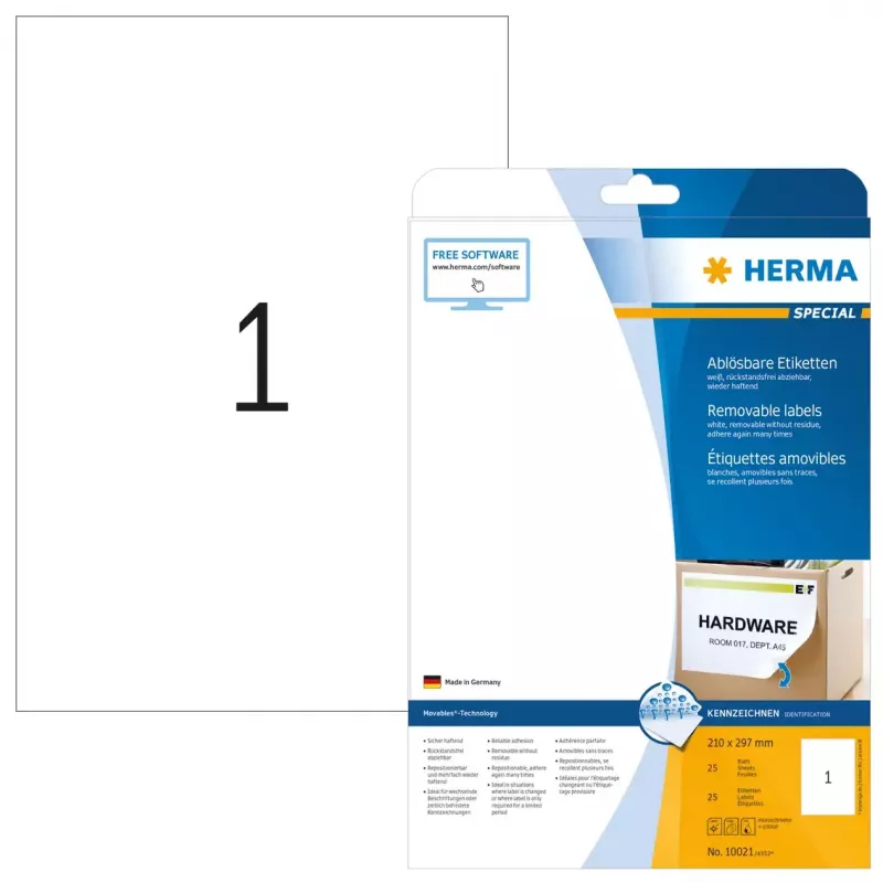Etiqueta autoadhesiva para impresora HERMA etiquetas removibles A4 210x297 mm blancas Movables