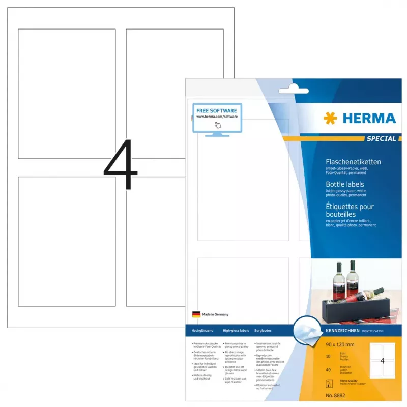 Etiquetas de impresora autoadhesivas HERMA para botellas A4 inyección de tinta 90x120 mm