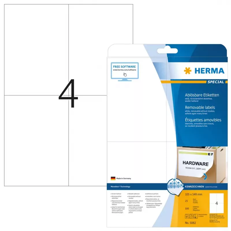 Etiquetas removibles HERMA 5082 A4 105x148 mm blanco