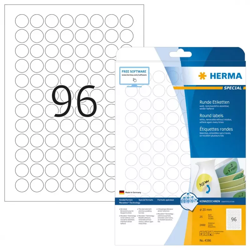 Etiquetas autoadhesivas HERMA Movables A4 Ø 20 mm redondas blanco