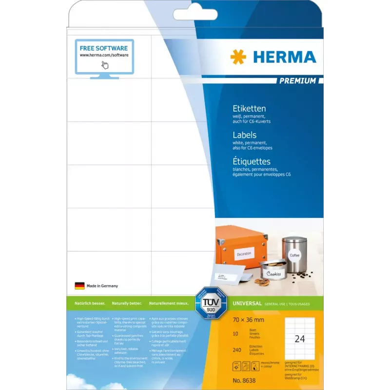 Etiquetas autoadhesivas HERMA 8638 rectangulares permanentes blanco
