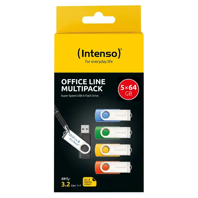 INTENSO Office Line pack múltiple de memorias USB 5×64 GB, USB-A, USB 3.2 Gen 1, Swivel, multicolor