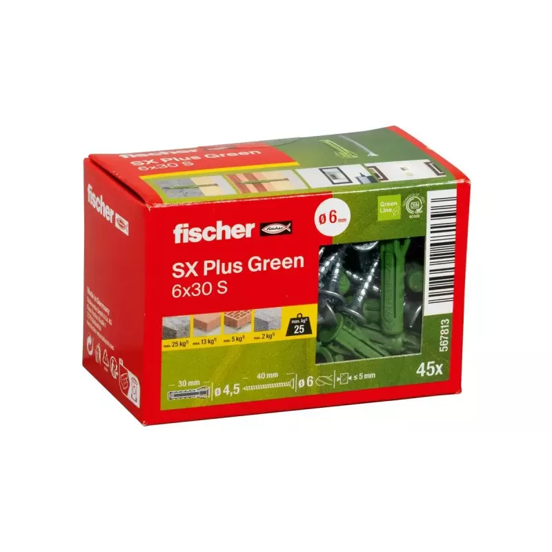 Set de tornillos y tacos Fischer 567813 45 piezas verde