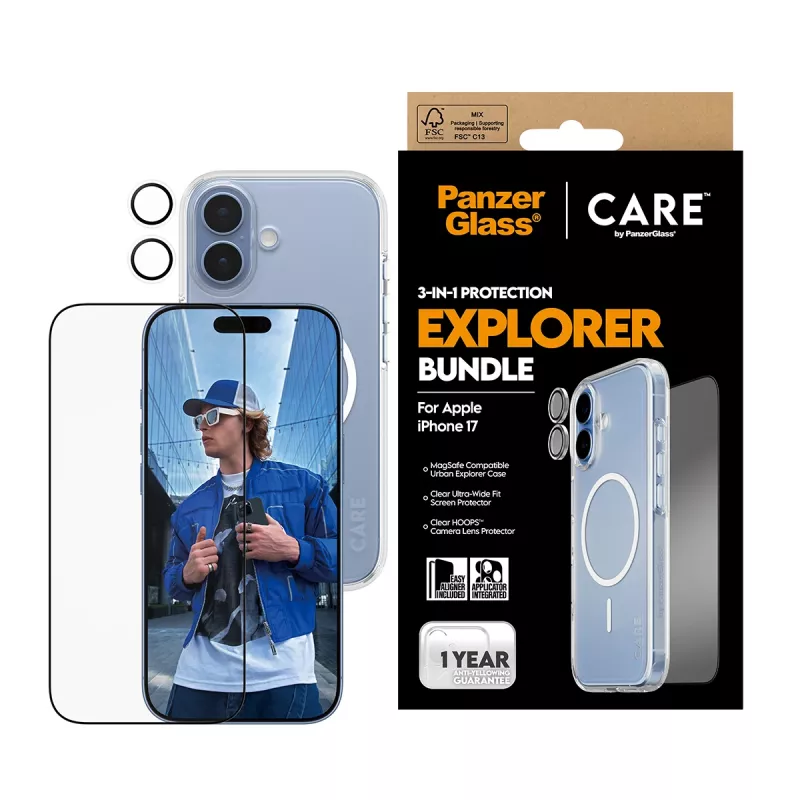 PanzerGlass CARE 3 en 1 Flagship Explorer Bundle iPhone 17 resistente a arañazos y golpes