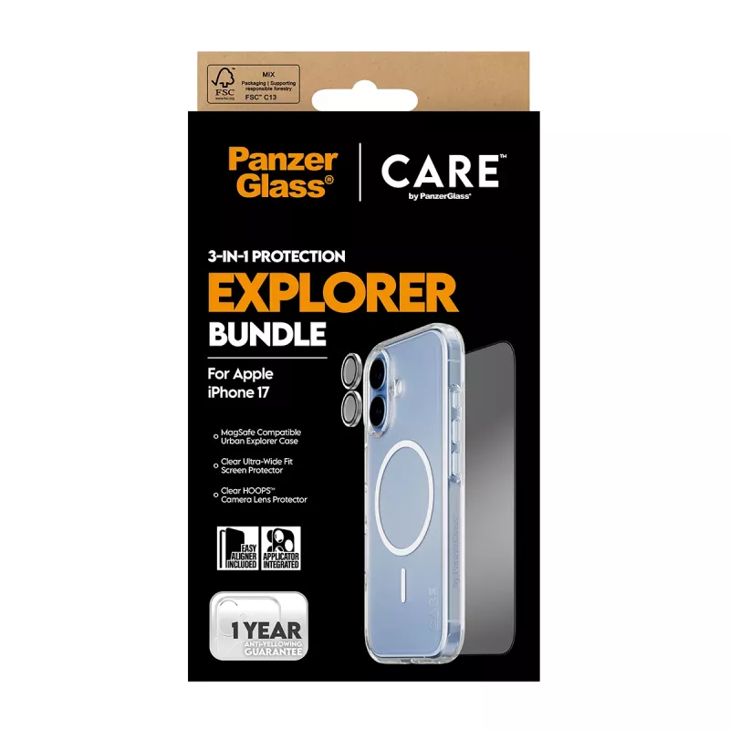 PanzerGlass CARE 3 en 1 Flagship Explorer Bundle iPhone 17 resistente a arañazos y golpes