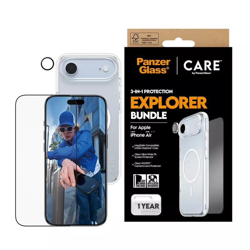 Kit de protección de pantalla PanzerGlass 3 en 1 Explorer Set CR66372 para iPhone 17 Air (cristal templado, protección de cámara, herramientas de limpieza)