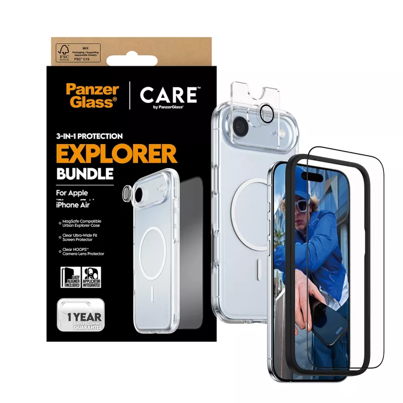 Kit de protección de pantalla PanzerGlass 3 en 1 Explorer Set CR66372 para iPhone 17 Air (cristal templado, protección de cámara, herramientas de limpieza)