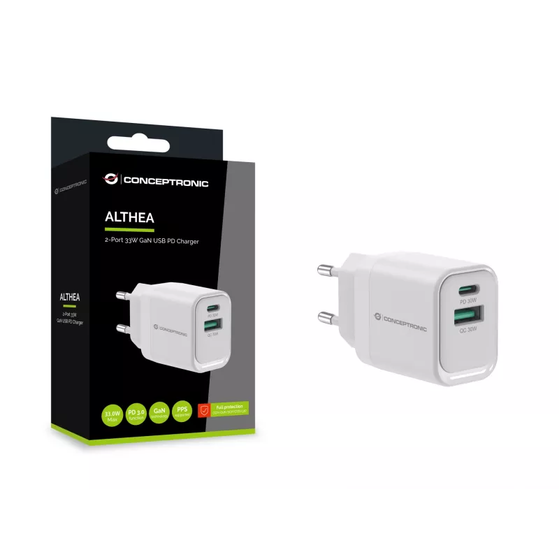 Cargador Conceptronic ALTHEA19W33 2 puertos 33W GaN USB PD, USB-C x 1, USB-A x 1, QC 3.0, PPS, PD 3.0