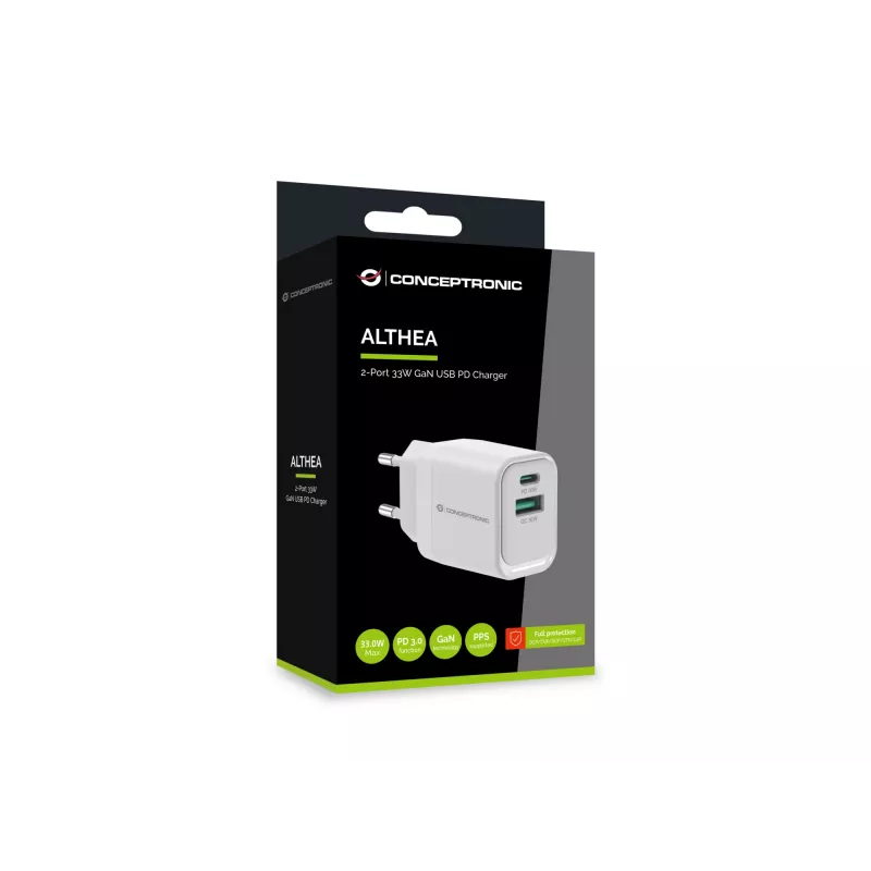 Cargador Conceptronic ALTHEA19W33 2 puertos 33W GaN USB PD, USB-C x 1, USB-A x 1, QC 3.0, PPS, PD 3.0
