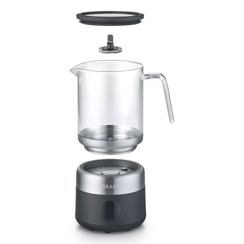 Espumador de leche Graef MS802 automático — 600 W, jarra de cristal, acero inoxidable y negro