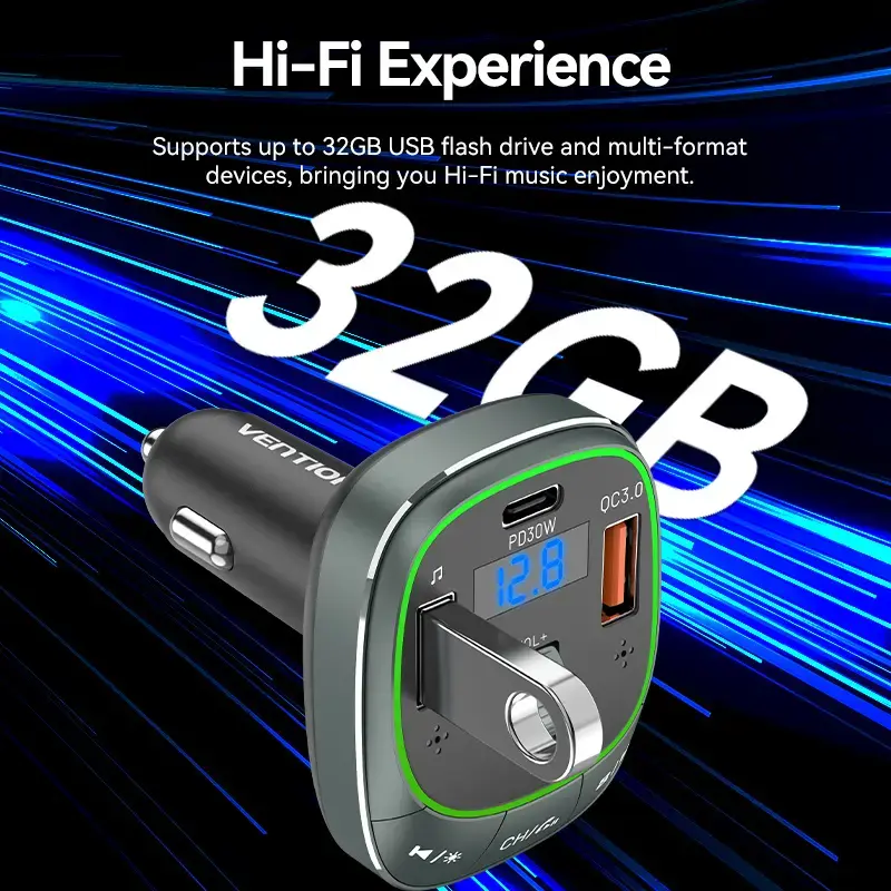 Cargador de coche Vention 3 puertos USB (USB-C + 2× USB-A) 30W/18W/5W negro